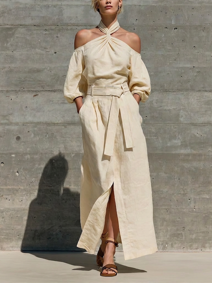 Women’s Cream Linen Twist Halter Off Shoulder Puff Elbow Sleeve Self Belt Waist Front Split Maxi Dress