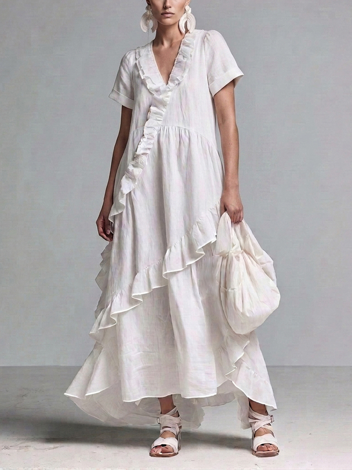 Women’s Boho White Linen Short Sleeve Ruffle Trim V-Neck Loose Flowly High Low Hem Maxi Dress