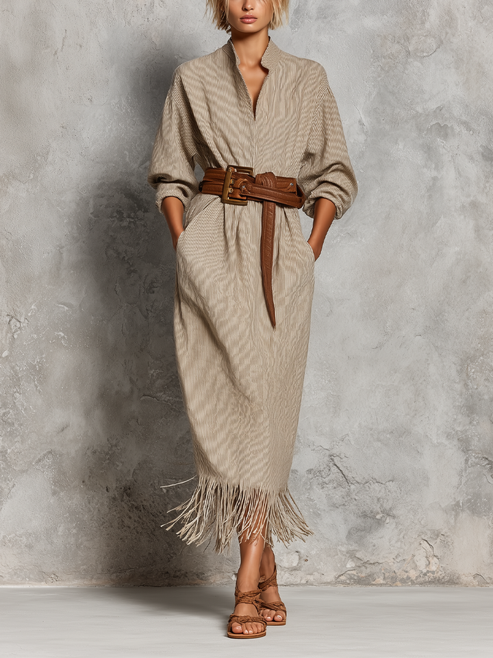 Women’s Beige Fine Vertical Stripe Linen Stand Collar Half Placket Roll Up Sleeve Fringe Hem Midi Shirt Dress With Side Pockets (Belt Not Included)