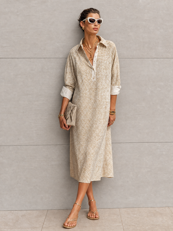 Women's Simple Casual Beige Cotton Blend Geometric Print Collar Three-Quarter Sleeve Loose Mid-Length Shirt Dress