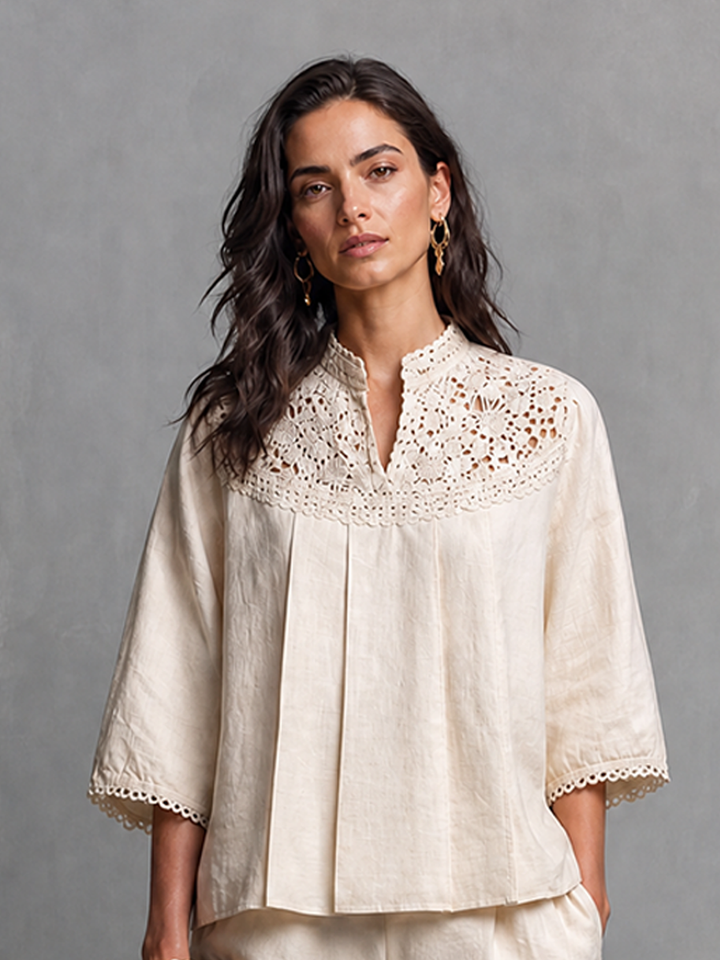 Women's Elegant Casual Off White Cotton Linen Lace Trimmed Stand Collar Three Quarter Sleeve Top And Shorts Set