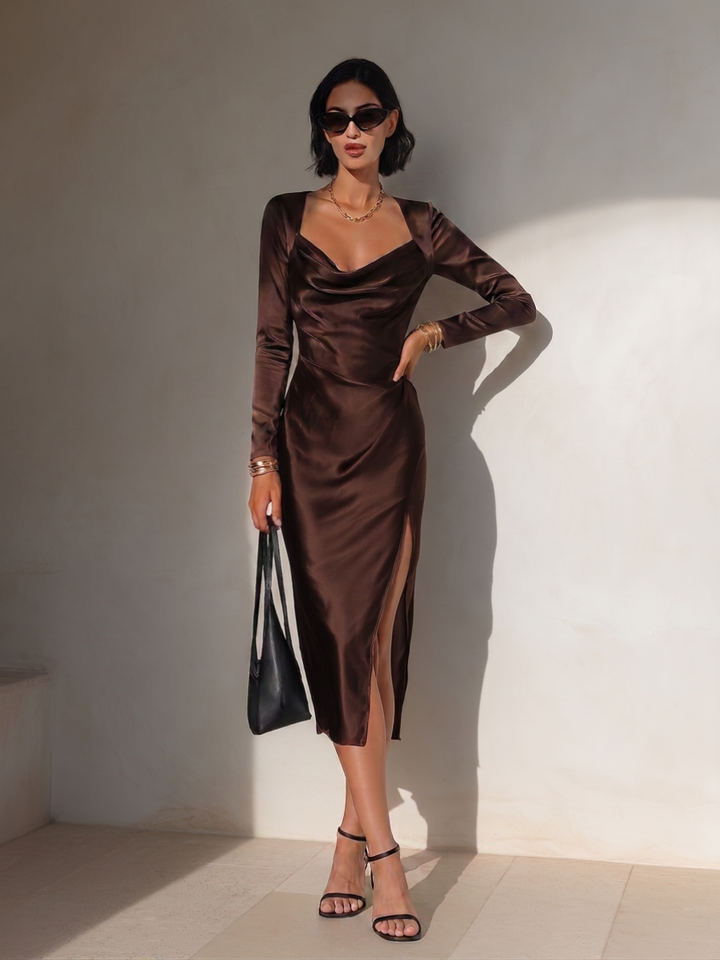 Women's Elegant Chocolate Brown Satin Cowl Neck Long Sleeve High Slit Bodycon Midi Dress