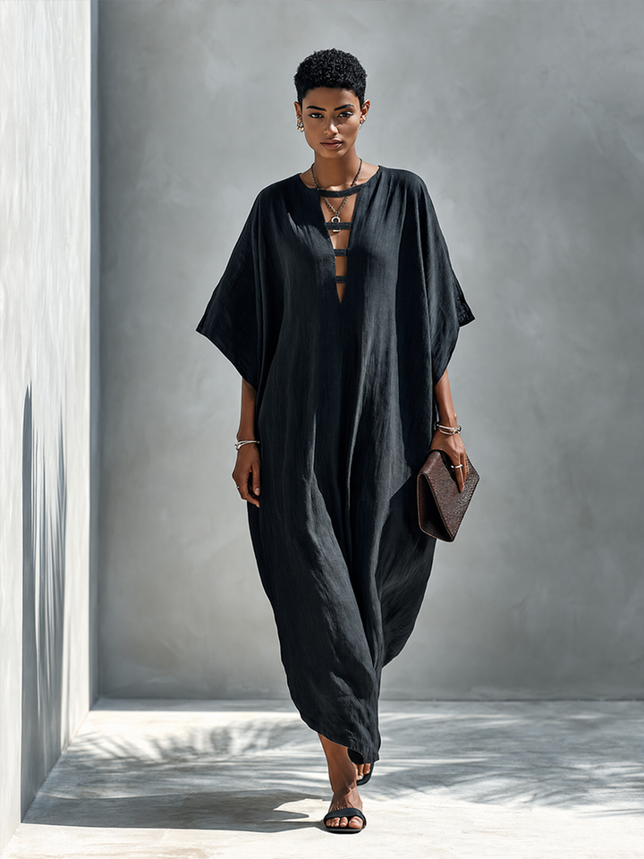 Women's Solid Black Linen Maxi Dress With Deep V-Neck And Slit