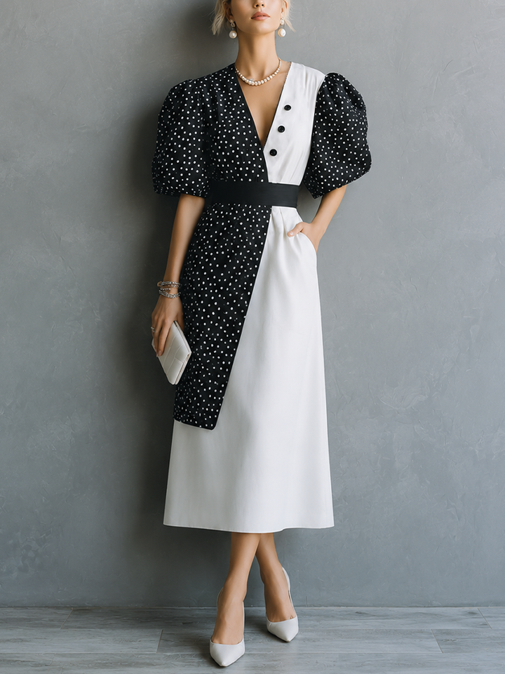 Women's Retro French Style Black White Cotton Blend Color Block V-Neck Puff Short Sleeve Waistband Midi Dress