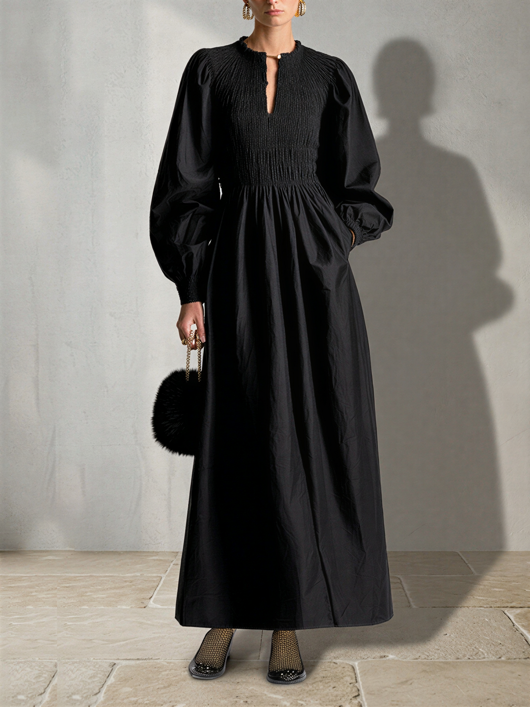 Women's Black Cotton Poplin Maxi Dress With Smocked Elastic Bodice & Puff Balloon Long Sleeves, Minimalist Elegant Side Pocket Flowy Maxi Dress