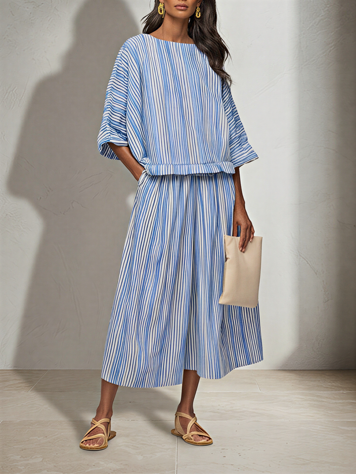 Women's Blue White Vertical Stripe Cotton Blend Two-Piece Set With Boat Neck Batwing Sleeve Top & Elastic Waist Midi Pants, Minimalist Summer Resort Matching Outfit