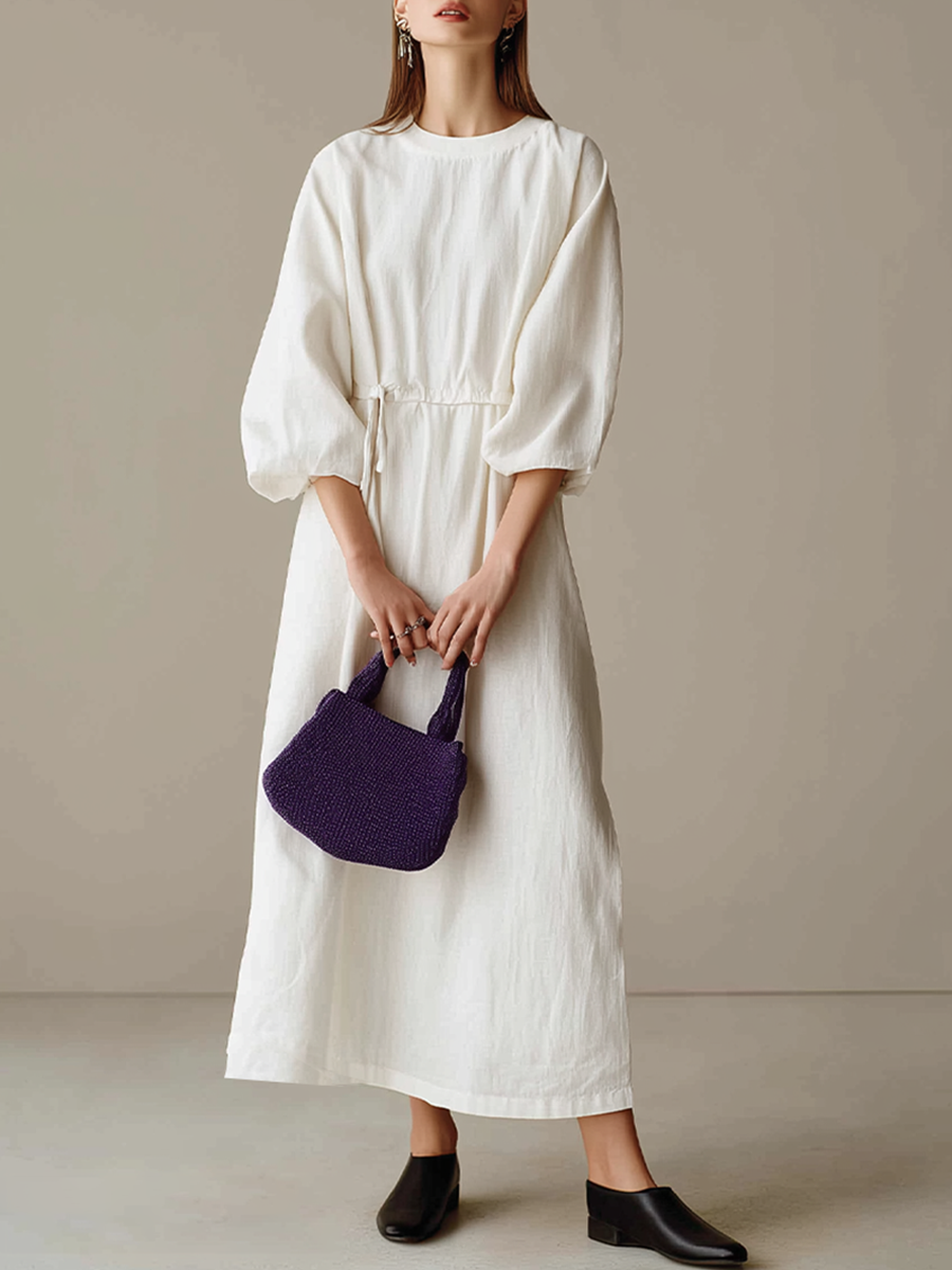 Women's Cream Textured Cotton-Blend Maxi Gown With Drop Shoulder Lantern Sleeves & Self Tie Waist Detail, Modern Effortless-Chic Everyday Maxi Dress