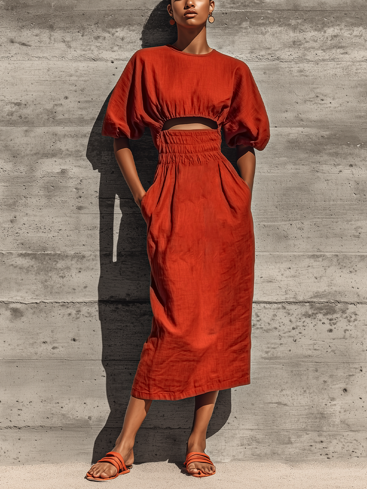 Women’s Rust Linen Blend Round Neck Puff Short Sleeve Midriff Cutout Smocked Waist Side Pocket Midi Dress