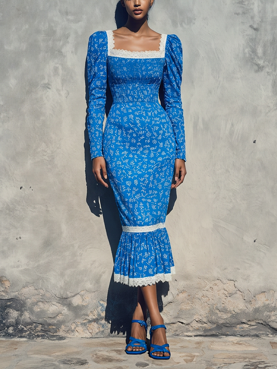 Women’s Bright Blue Ditsy Floral Square White Lace Trim Puff Long Sleeve Smocked Waist Mermaid Midi Dress