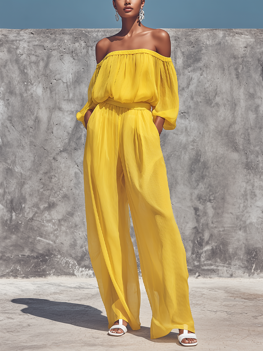 Women’s Bright Yellow Crinkled Chiffon Off Shoulder Bubble Three Quarter Sleeve Self Tie Waist Wide Leg Pants Two Piece Vacation Set