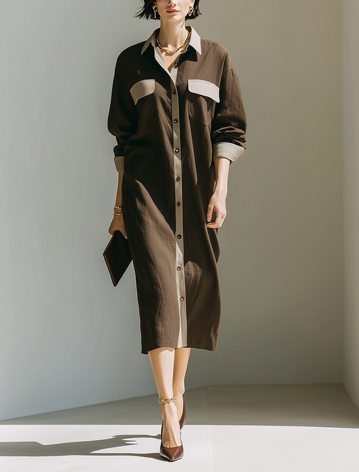 Women's Minimalist Solid Brown & Contrast-Color Linen Midi Shirt Dress