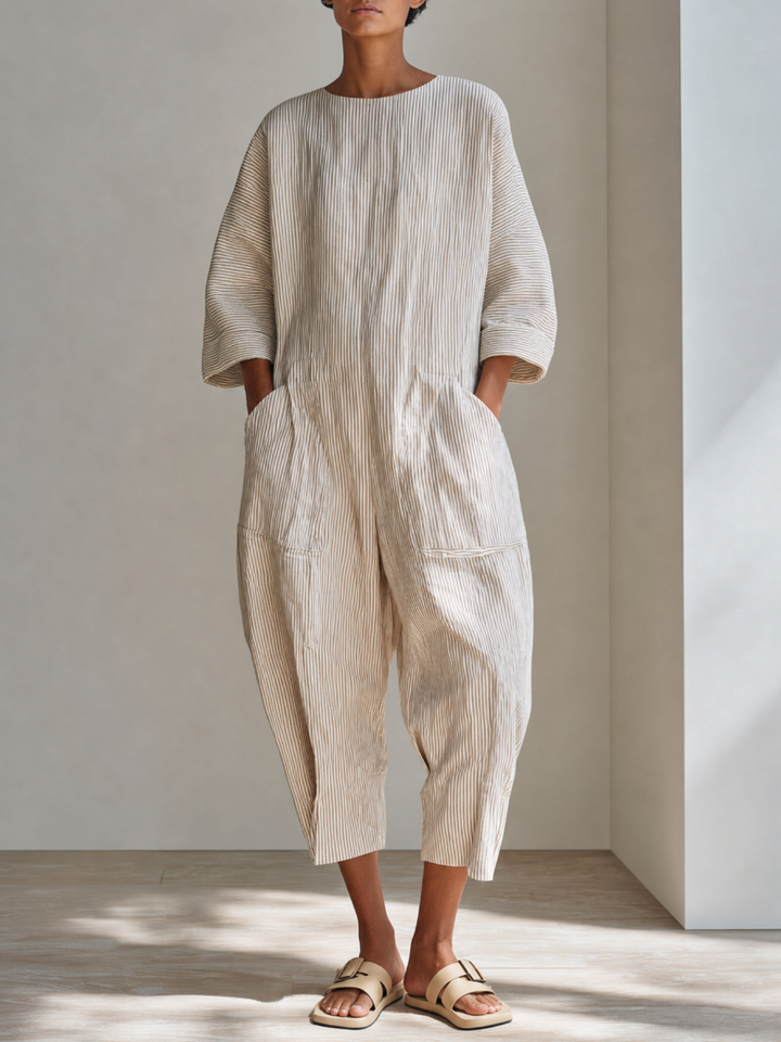 Women's Minimalist Beige Cotton Linen Blend Pinstripe Round Neck Dropped Shoulder Oversized Cropped Jumpsuit