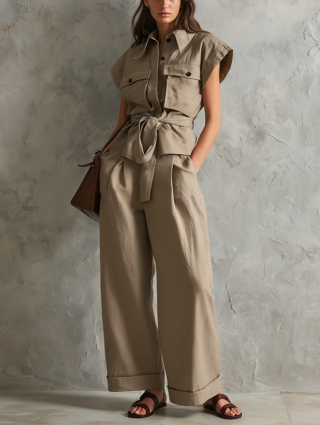 Women's Casual Khaki Cotton-linen Short-sleeved Top And Trousers Set
