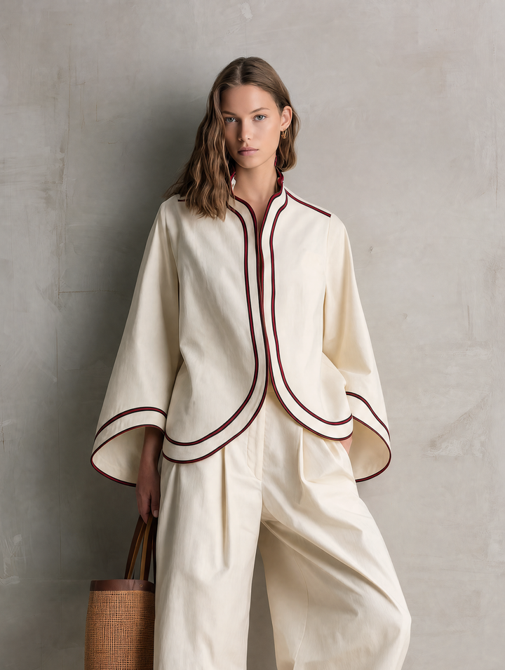 Women's Casual Beige Woven Long-sleeve Jacket And Trousers Set