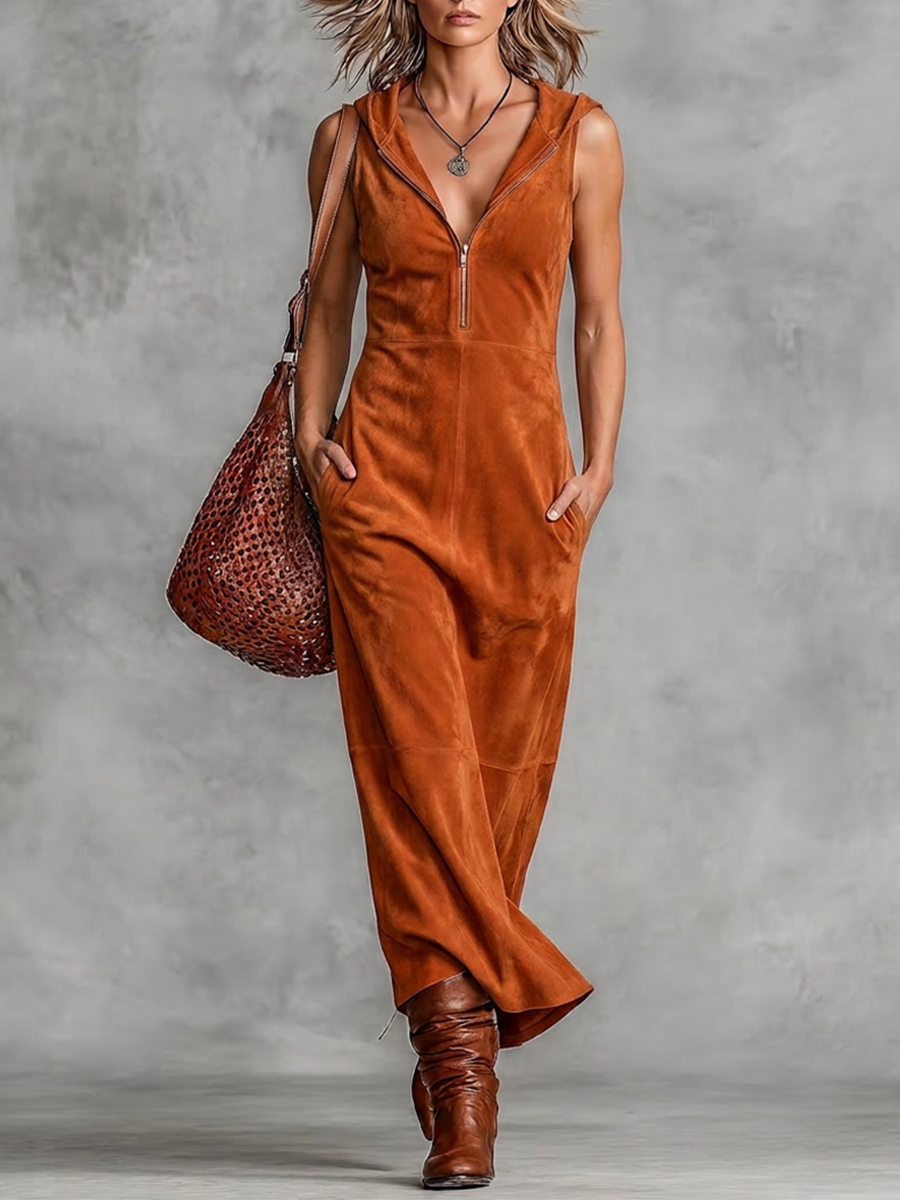 Women's Rust Brown Faux Suede Texture Maxi Gown With V-Neck Zipper Placket & Mid Length Swing Skirt, Retro Chic Daily Slee Veless Maxi Dress