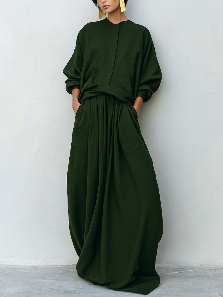 Women's Dark Olive Woven Two-Piece Set With Stand Collar Pocket Blouse & Oversized Drawstring Maxi Skirt, Minimalist Loose Resort Matching Outfit