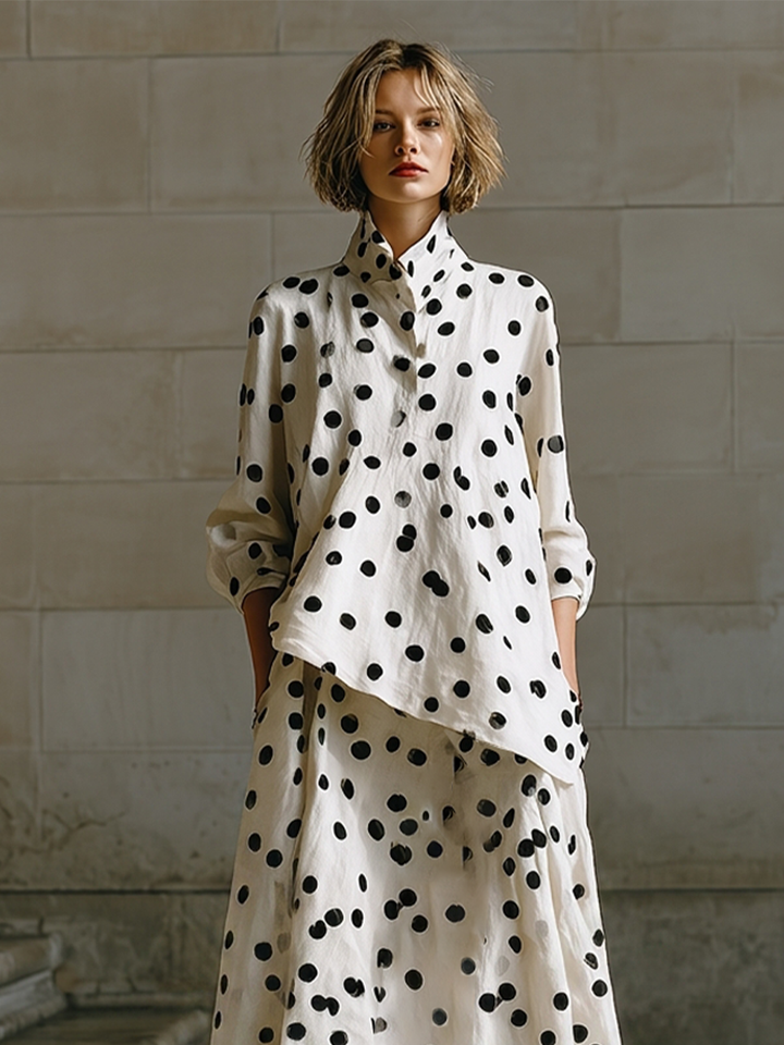 Women's Cream Spot Print Woven Co-Ord With Drop Shoulder Long Sleeve Blouse & Side Pocket Floor-Length Maxi Skirt, Minimalist Daily Casual Two-Piece Set
