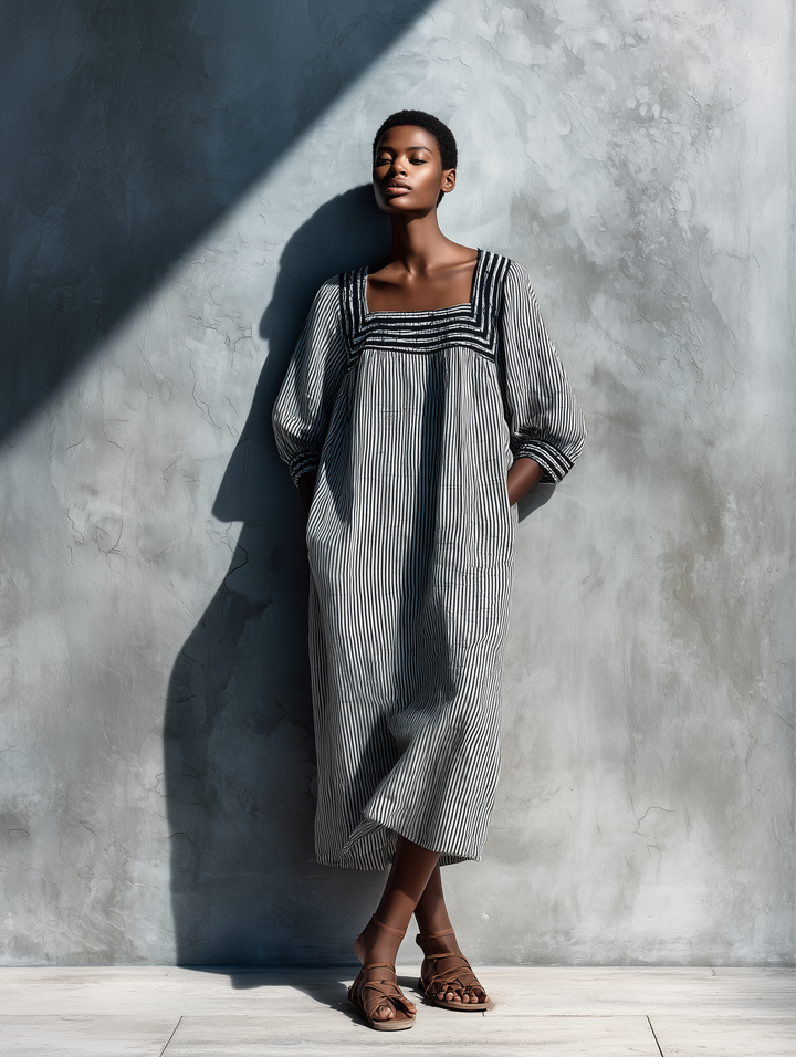 Women's Black White Vertical Stripe Linen Square Neck Puff Sleeve Pocket Loose Midi Dress
