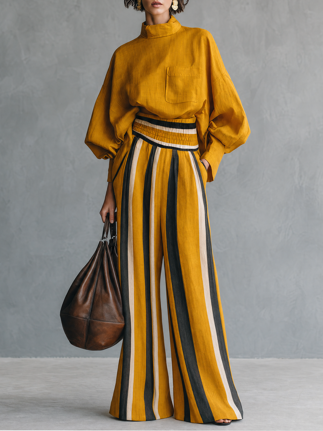 Women's Minimalist Linen-Blend Mock-Neck Lantern-Sleeve Blouse And Striped Print Trouser Set