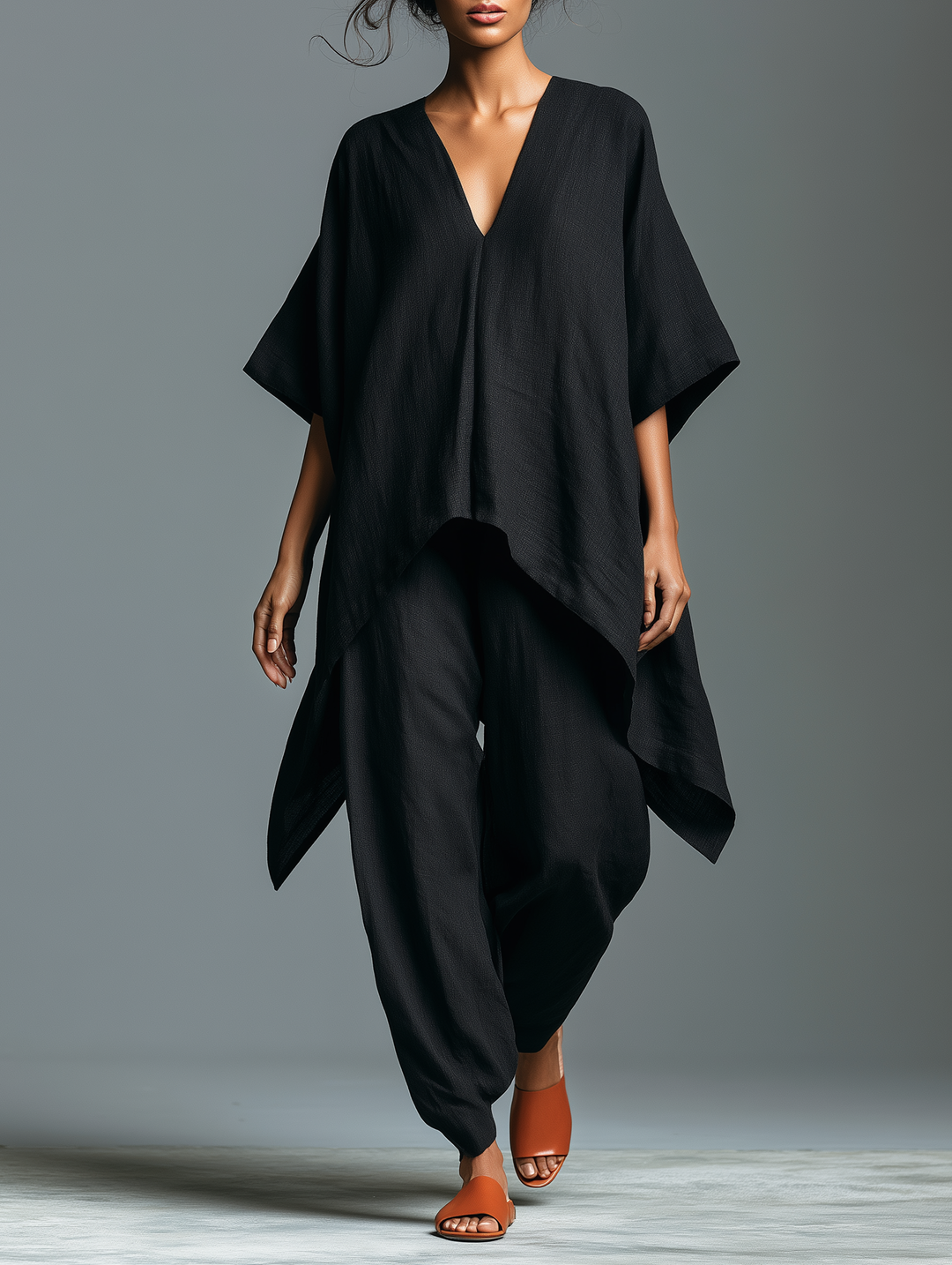 Women's Minimalist Linen-blend V-neck Mid-sleeve Blouse And Lantern Pants Set With An Asymmetrical Hem