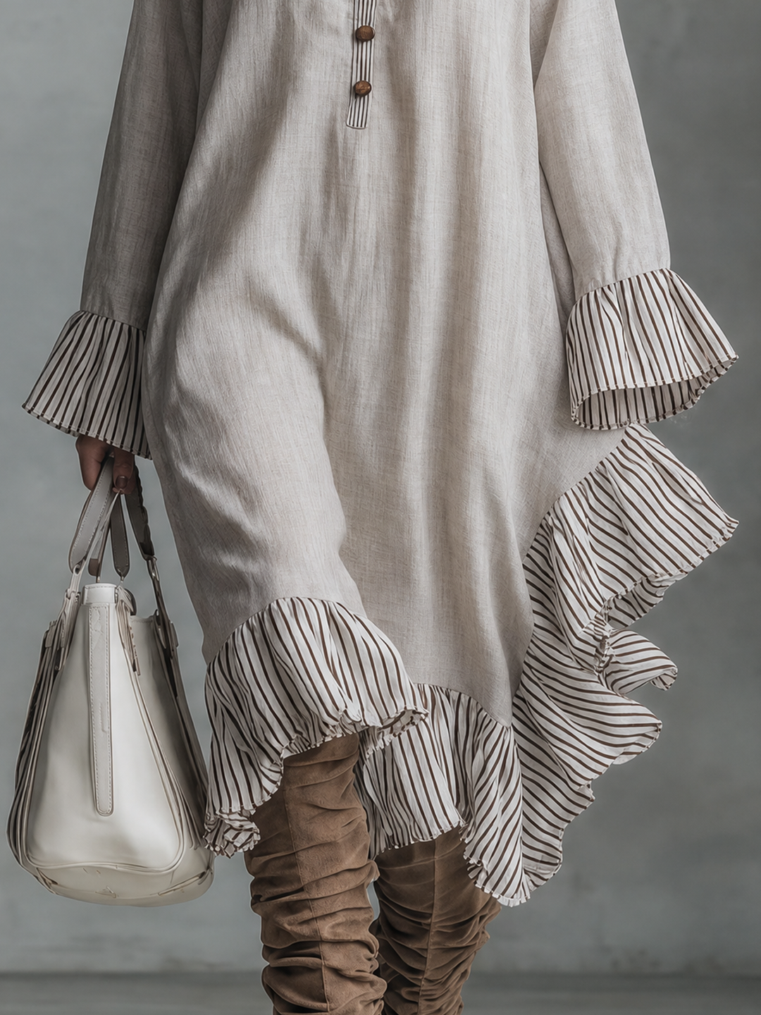 Women's Minimalist Striped Color-Block Midi Dress With Long Sleeves, Stand Collar, And Asymmetrical Hem