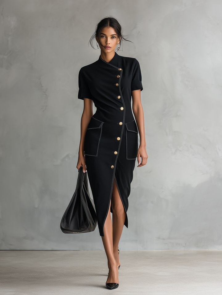 Women's Minimalist Asymmetric Single-Breasted Short-Sleeve Midi Dress