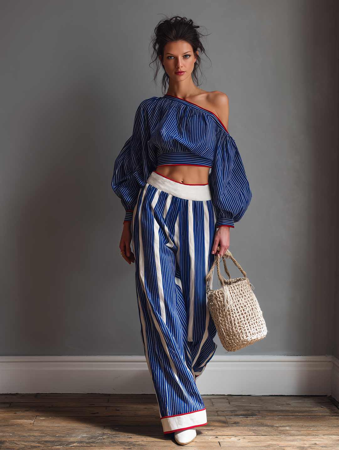 Women's Casual Striped Long-Sleeve Blouse And Straight-Leg Pants Set