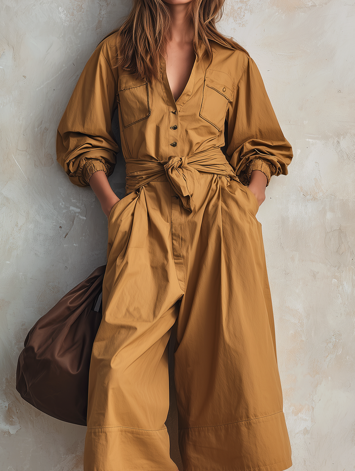 Women's Casual Khaki Woven Long-sleeve Cropped Jumpsuit