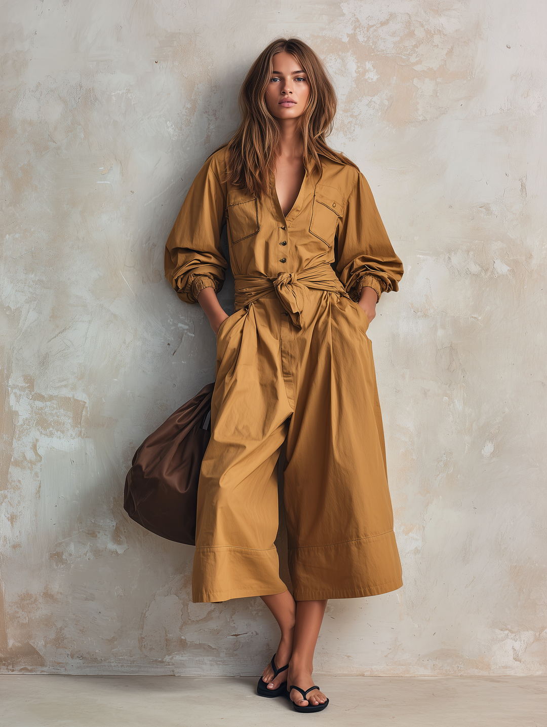 Women's Casual Khaki Woven Long-sleeve Cropped Jumpsuit