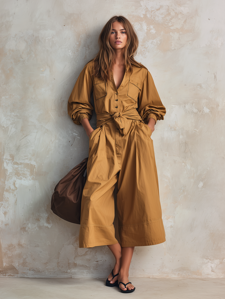 Women's Casual Khaki Woven Long-sleeve Cropped Jumpsuit