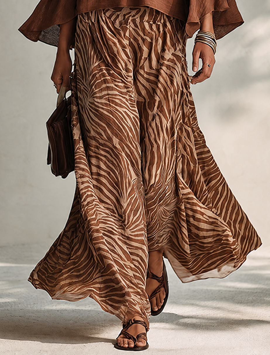 Women's Minimalist Cotton-Linen Blend V-Neck Flared-Sleeve Top &amp; Zebra-Print Skirt Two-Piece Set