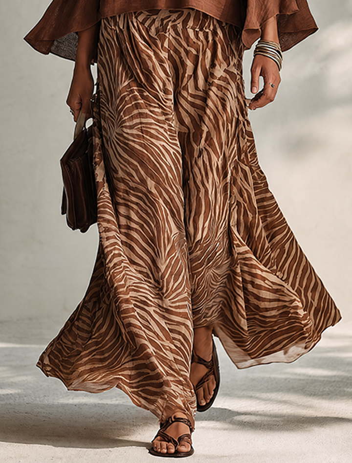 Women's Minimalist Cotton-Linen Blend V-Neck Flared-Sleeve Top &amp; Zebra-Print Skirt Two-Piece Set
