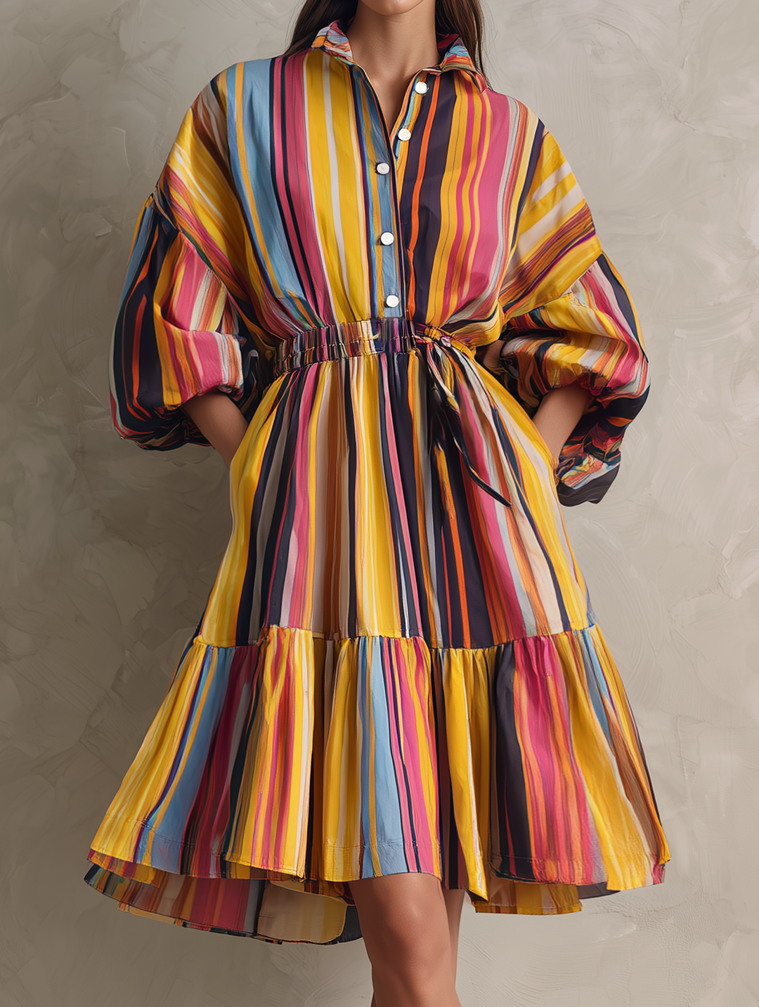 Women's Casual Woven Midi Dress With Colorful Print And 3/4 Sleeves