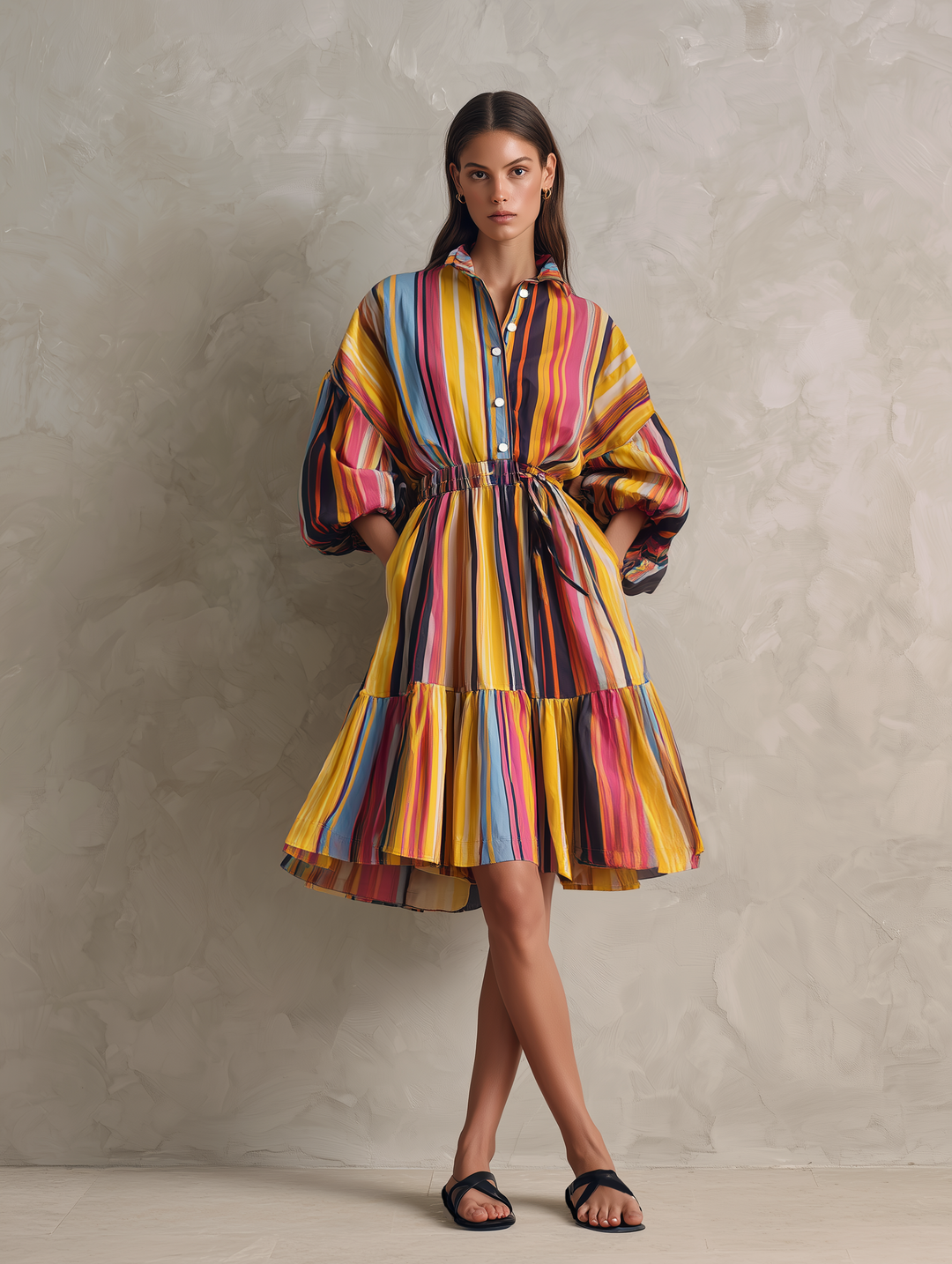 Women's Casual Woven Midi Dress With Colorful Print And 3/4 Sleeves