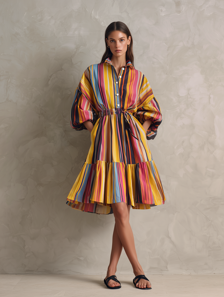 Women's Casual Woven Midi Dress With Colorful Print And 3/4 Sleeves