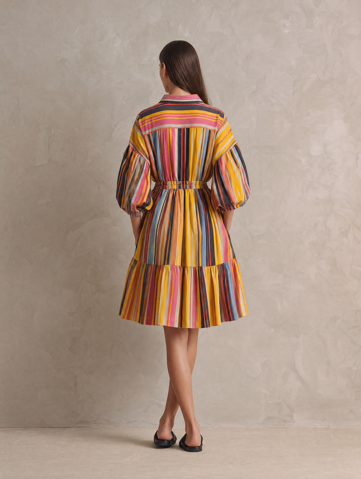Women's Casual Woven Midi Dress With Colorful Print And 3/4 Sleeves