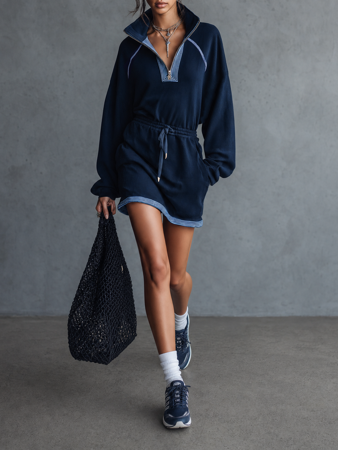 Women's Minimalist Casual Drawstring Long-Sleeve Zip-Neck Mini Sweatshirt Dress