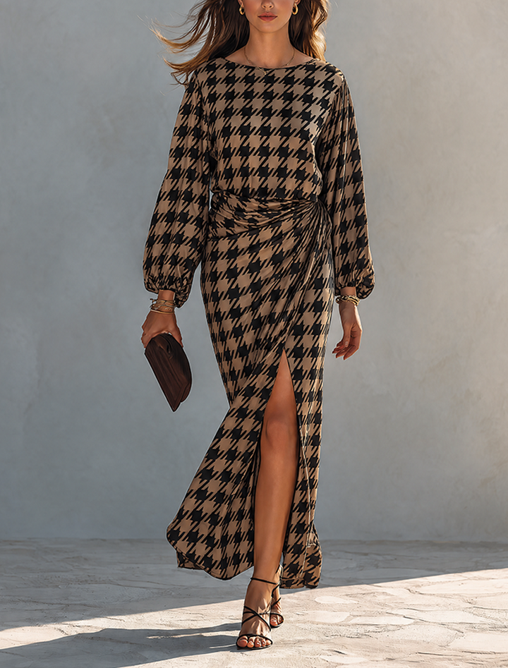 Women's Minimalist Houndstooth Print Long-Sleeve Maxi Dress With Side-Waist Ruching
