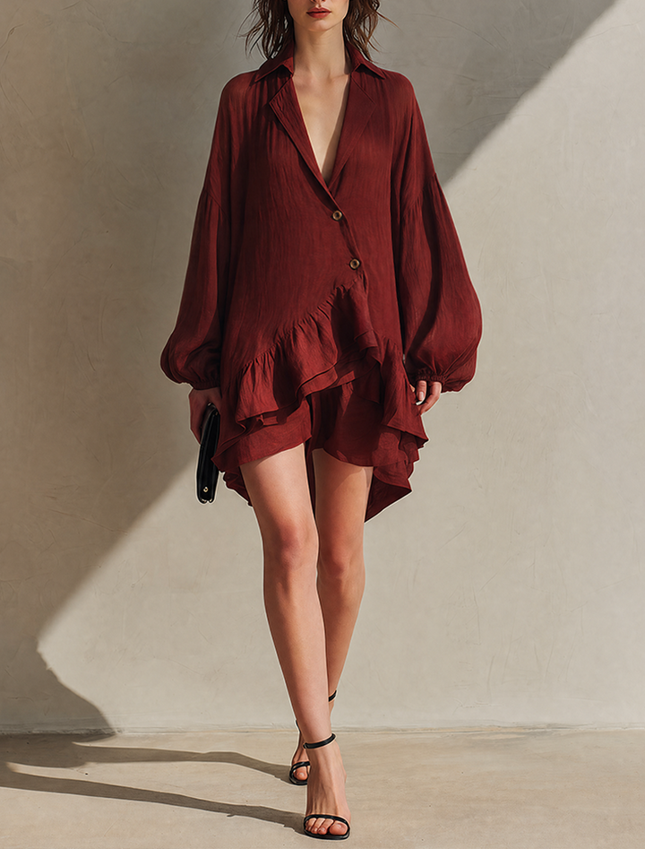 Women's Minimalist Solid Red Cotton-Linen Blend Single-Breasted Collared Long-Sleeve Mini Dress