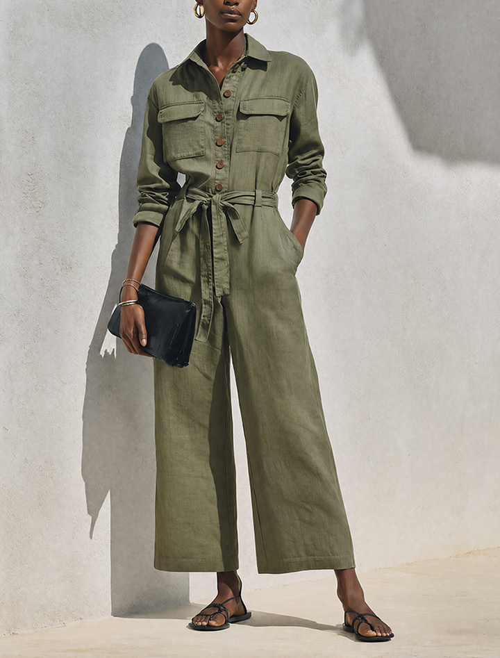 Women's Minimalist Linen-Blend Long-Sleeve Wide-Leg Jumpsuit
