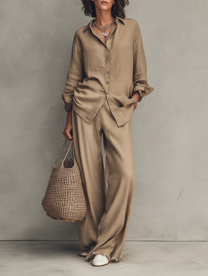 Women's Minimalist Long-Sleeve Shirt And Wide-Leg Pants Set With Raw Hems