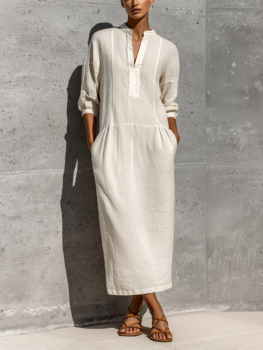 Women's Off White Cotton-linen Blend Stand Collar Split Neck Three Quarter Sleeve Pocket Midi Dress