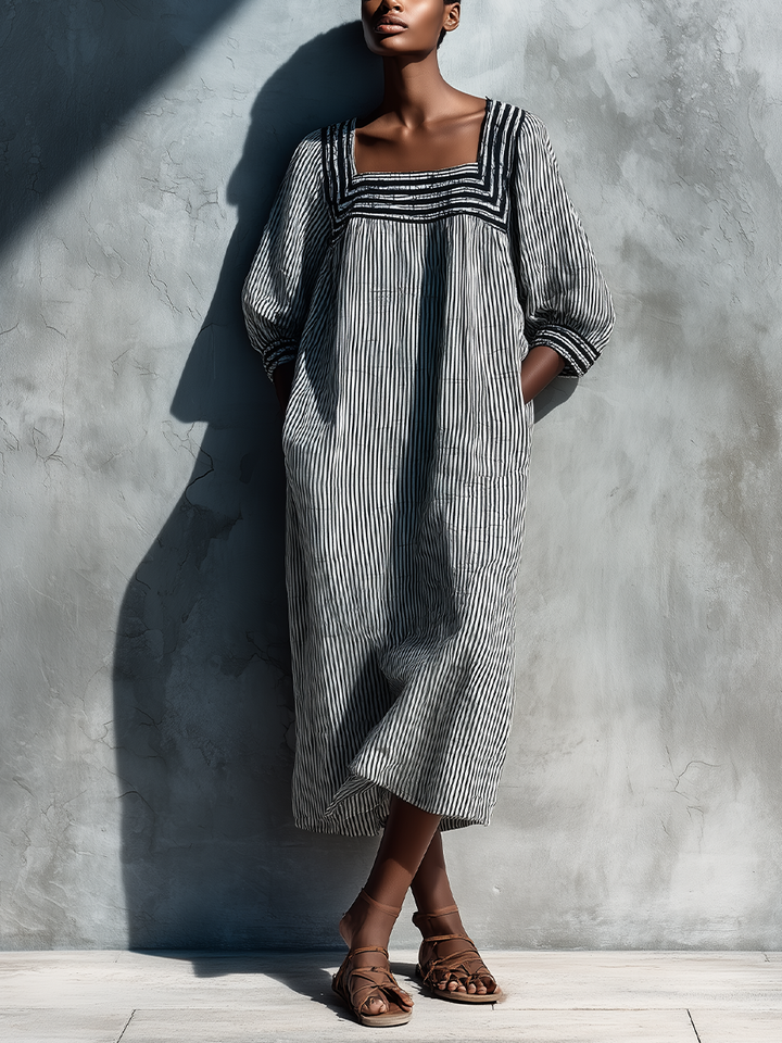 Women's Black White Vertical Stripe Linen Square Neck Puff Sleeve Pocket Loose Midi Dress