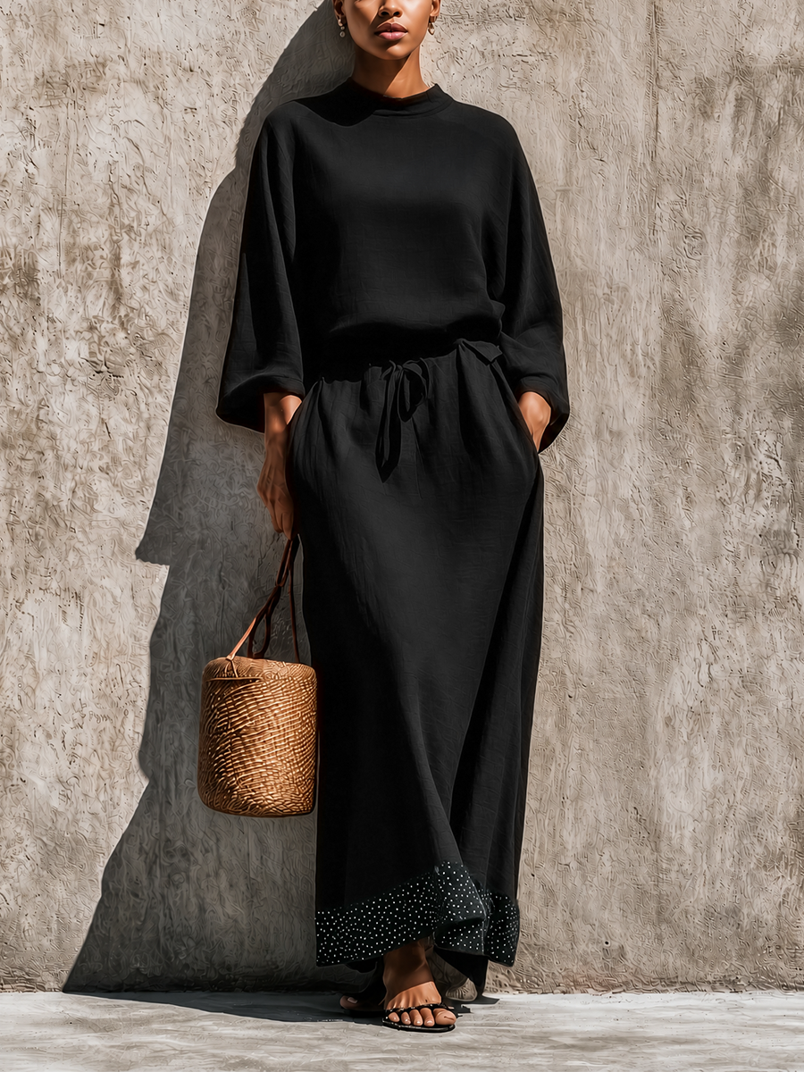 Women's Solid Black Linen Blend High Neck Loose Top Matching Wide Leg Polka Dot Trim Maxi Skirt Two Piece Set
