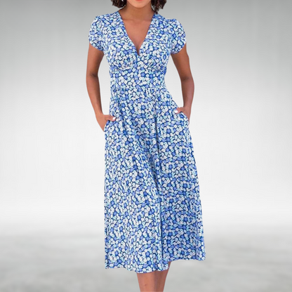 Alice | Vestido midi floral con cuello en V y bolsillos para mujer