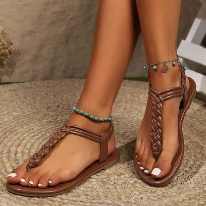 Elowen™ | Sandalias planas Vintage Marrones con Tira en T