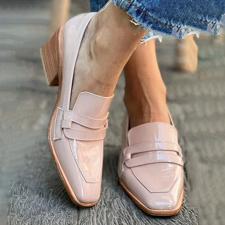 REAL LEATHER MOCASSINS WITH WIDE HEEL SHINY