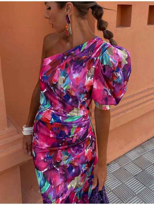 Yllana™ Vestido midi morado sin hombros para mujer