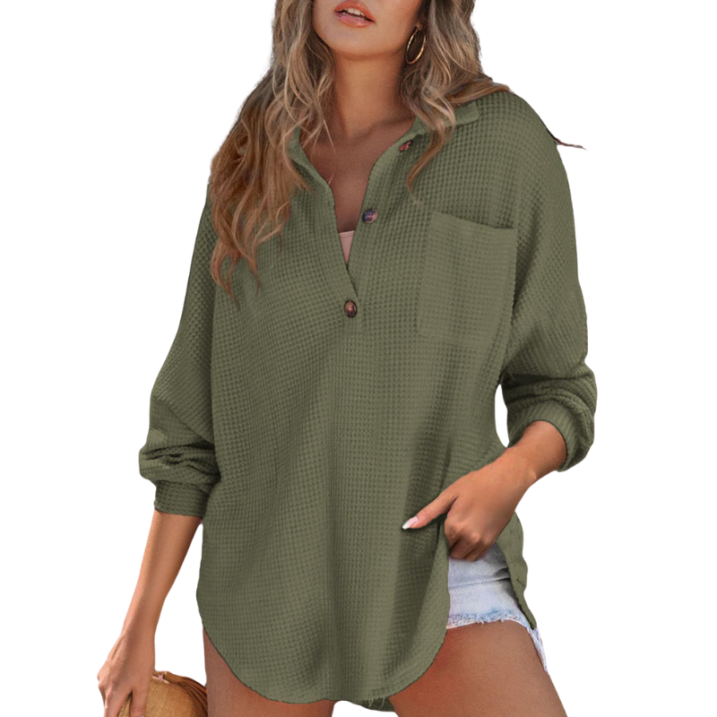 Casual Lightweight Button V Neck Tunic Blouse