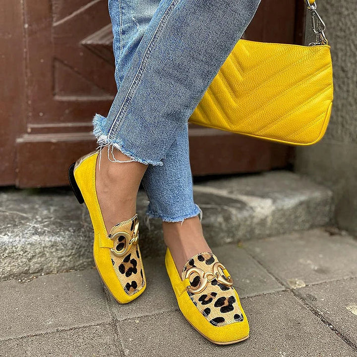 YELLOW REAL LEATHER LOAFER WITH ANIMAL PRINT DETAIL